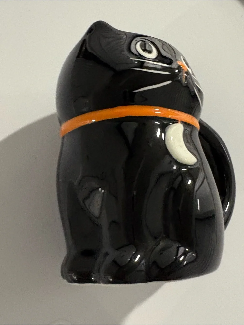 Black Cat Ceramic Mug with Orange Collar and White Moon Accent Halloween decor
